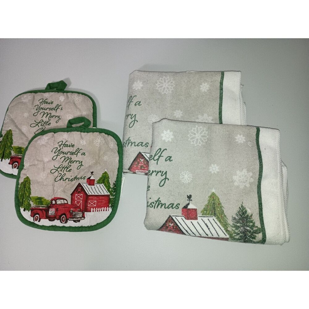 NO BRAND:  Pot Holders and Dish Towels with Christmas Red Truck (2 of each)